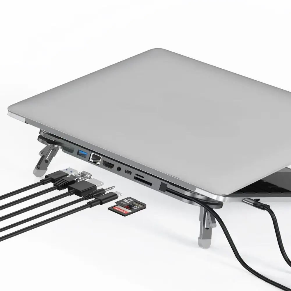 Professional 7 in 1 Laptop Docking Station Stand 4K HD Gigabit Ethernet USB C Hub TF Reader Aluminum Alloy Expander