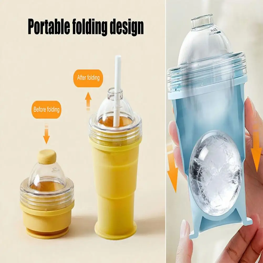 Ice Ball Maker Cup 2-in-1 Collapsible Silicone Ice Hockey Cup with Straw And Lid Foldable Easy Demolding Sphere Ice Cubes