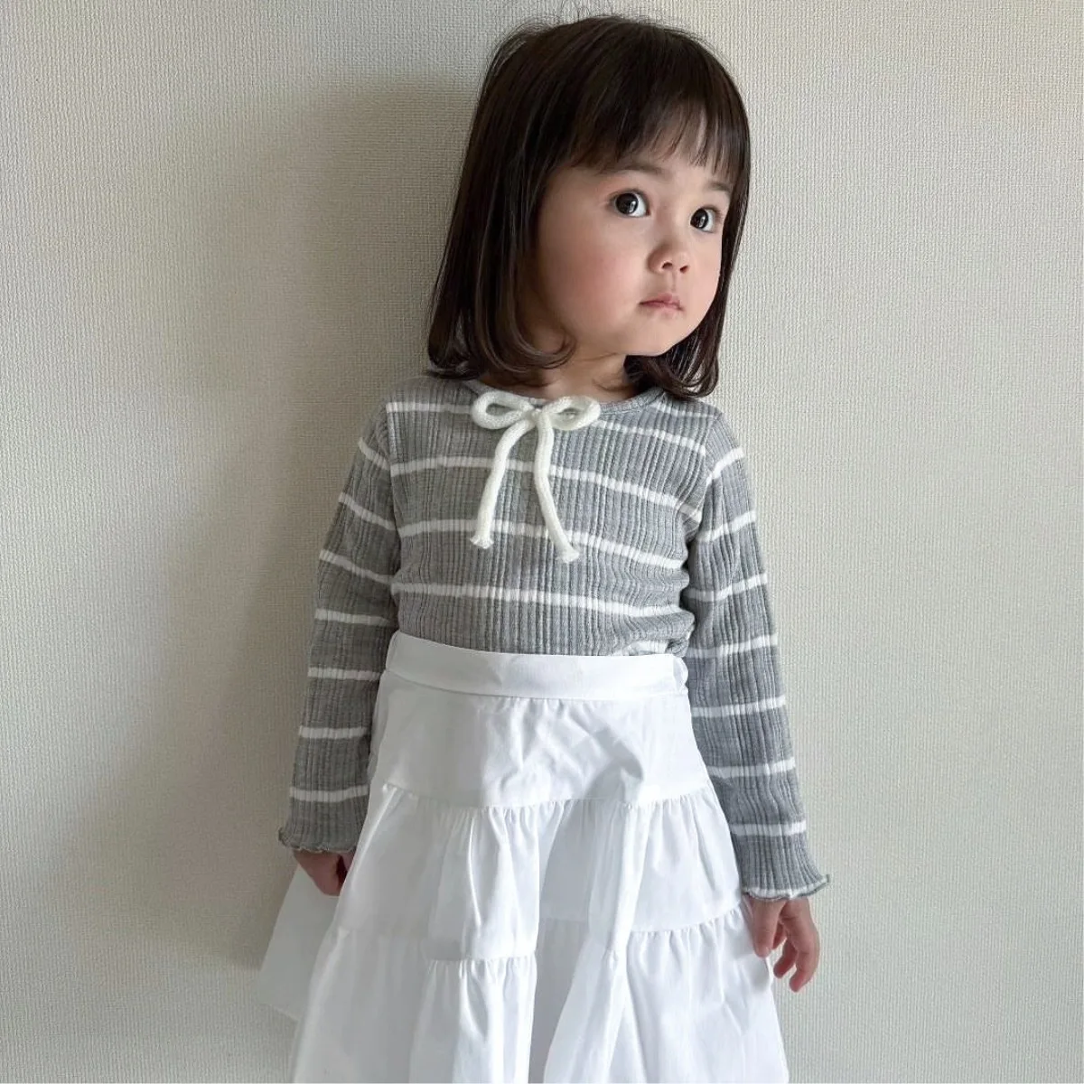 Baby Girl Spring Autumn Bow Knot Round Neck T Shirt Kids Ribbed Striped Top Girls Infant Long Sleeve Undershirt