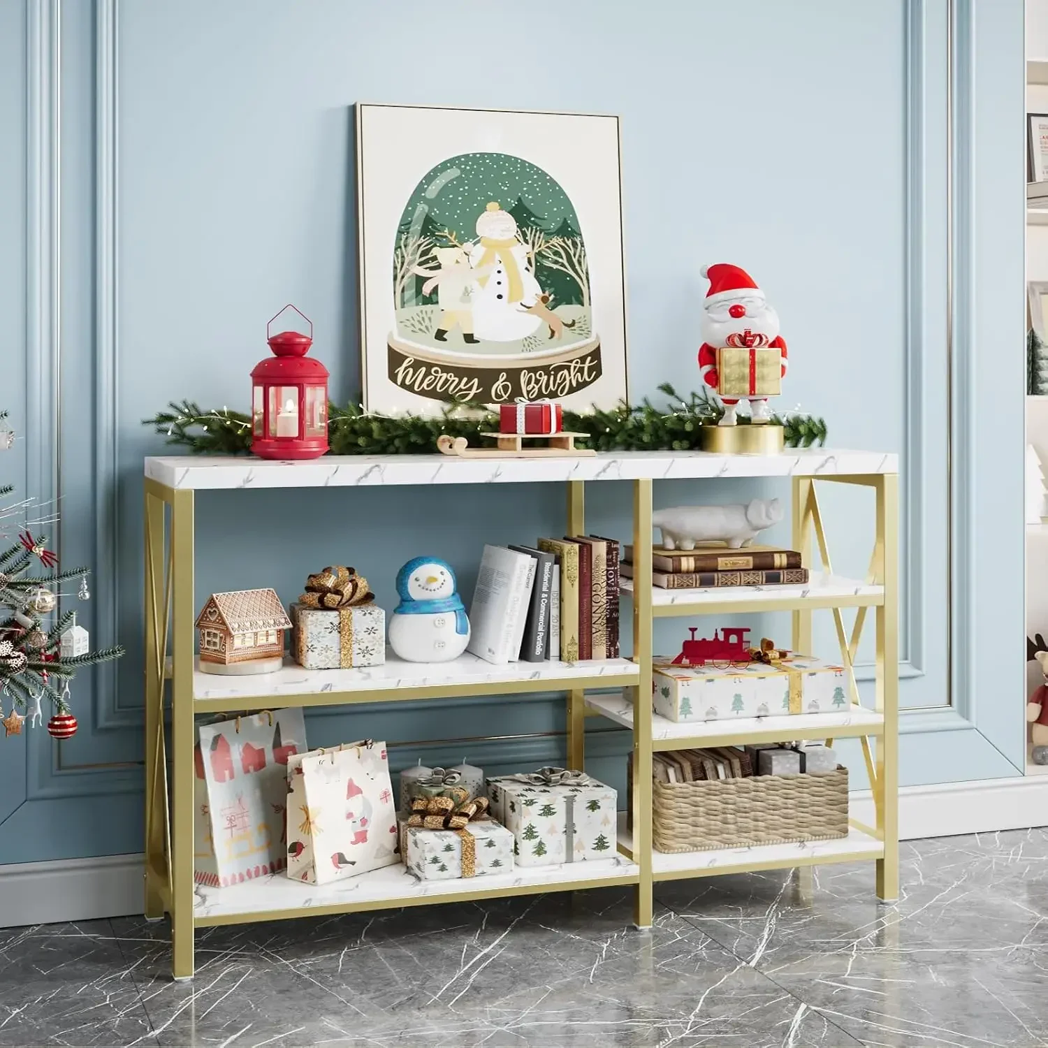 Faux Marble Sofa Table with Storage Shelves