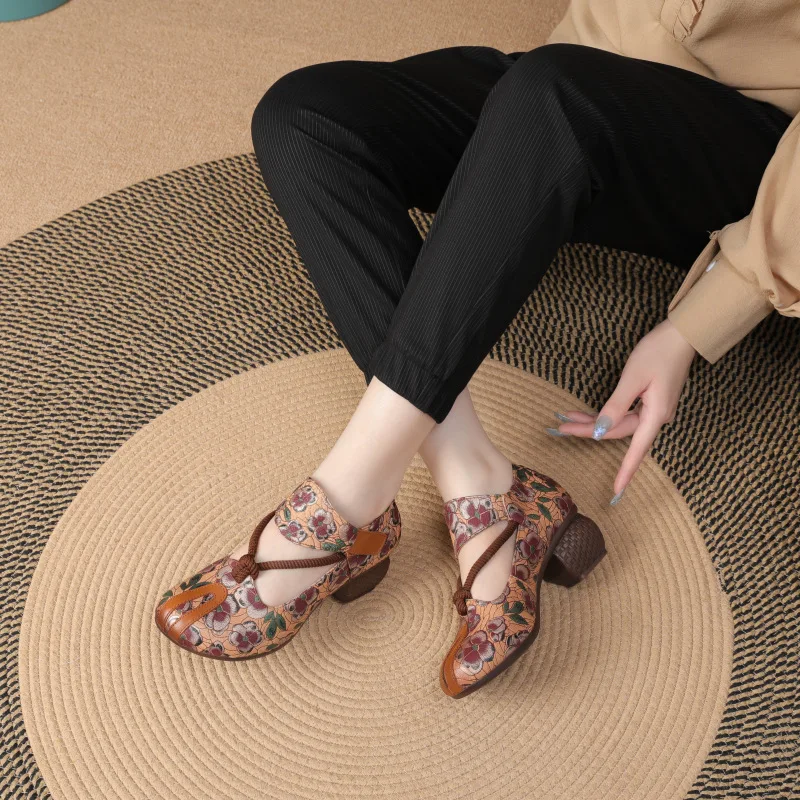 

Emboridery Leather Pumps Women Brown Shoes for Ladies Chinese Style Handmade Genuine Leather Women Mary Janes High Heels