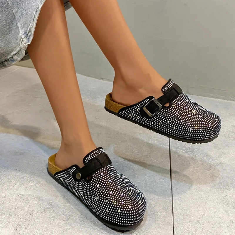 

2024 Summer Trend Luxury Platform Sandals Black Buckle Cork Clog Luxury Mules Shiny Rhinestones Outdoor Slippers Women's Shoes