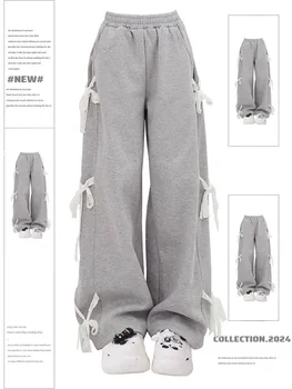 Pantaloni con lacci in pizzo grigio da donna Vintage Y2k Harajuku anni '90 Pantaloni sportivi estetici Pantaloni larghi a vita alta retrò Abiti anni 2000 2024