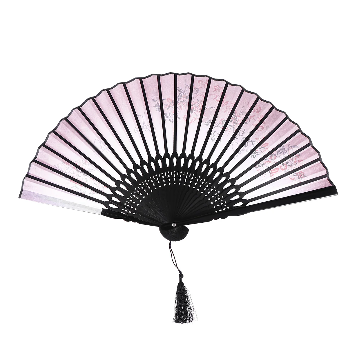 مروحة يد نسائية قابلة للطي من الخيزران والكتان باللون الأحمر الخمري والأسود مع قلادة شرابة لهدية أداء حفلات الزفاف