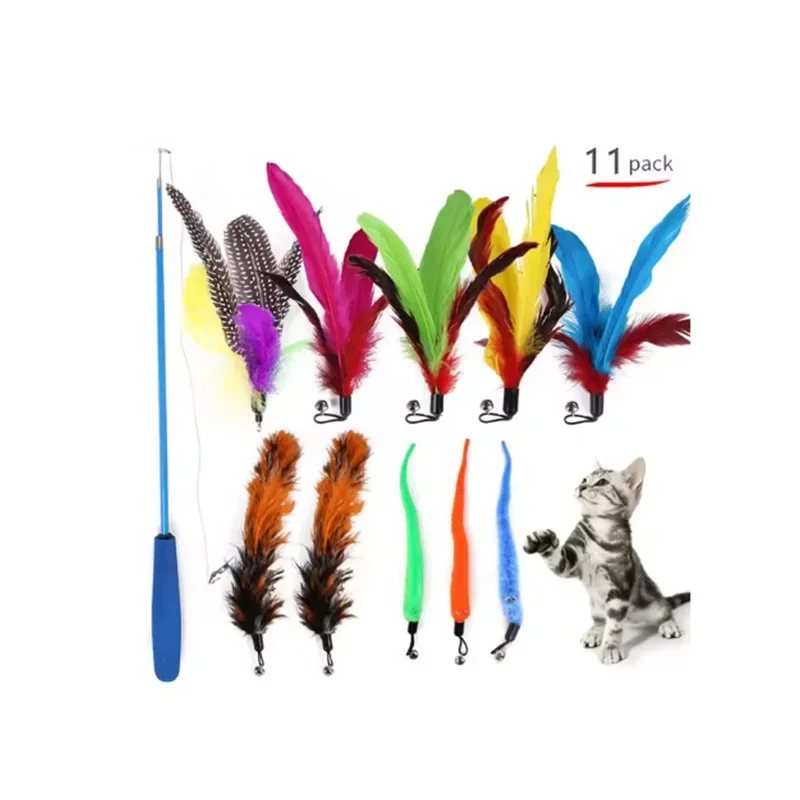 Retractable Cat Stick Toy Set, Replacement Head, Cat Products, 11Pcs