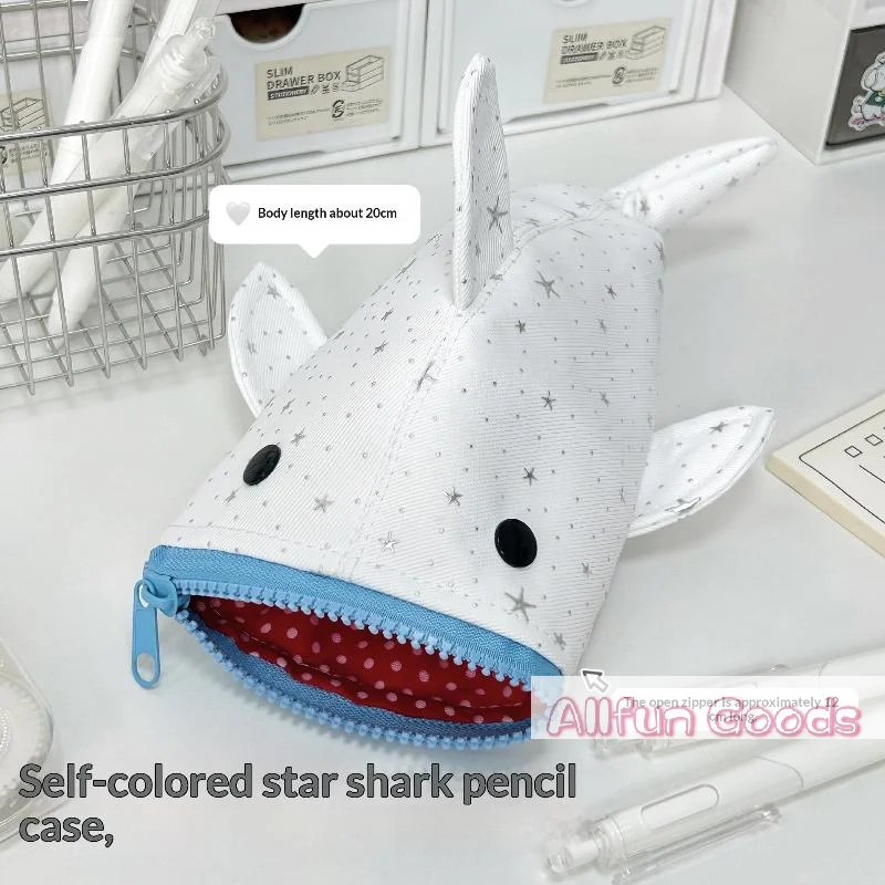 Cute Star Print Shark Pencil Bag Large Capacity Kawaii Cartoon Pencil Case For Kids Students School And Office Stationery Use