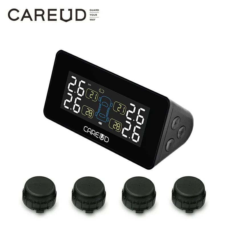 CAREUD Solar Car Wireless Tire Pressure Monitoring System With 4 Internal/External Sensors LCD Display Accurate Measurement Data