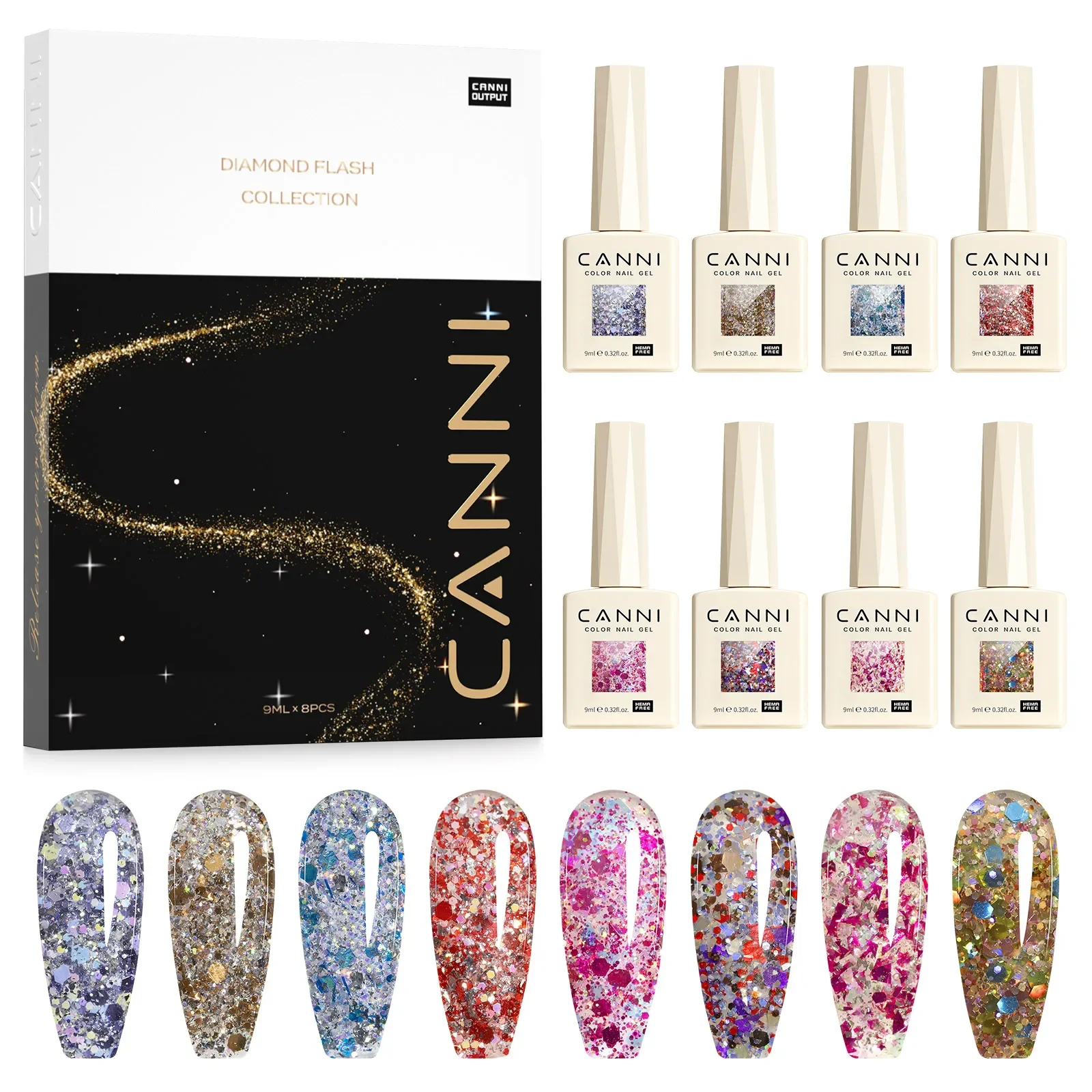 CANNI Nagelgel-Nagellack HEMA TPO FREE 9 ml EU-Standard Soak Off UV LED Diamond Sparkle Pailletten Wunderschöne Farbe Semi Permanent Gel – Detail 1