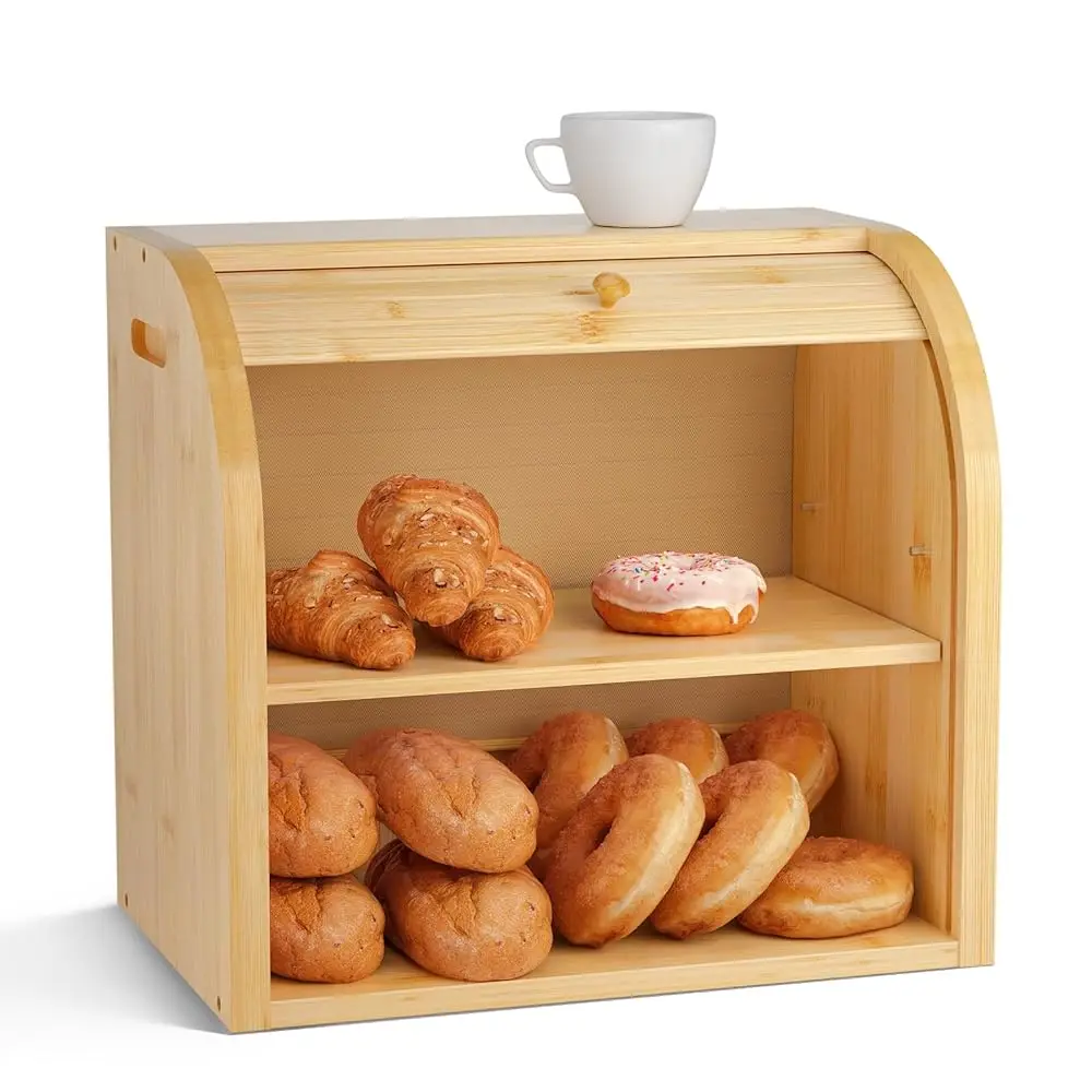 

Roll Top Bread Box For Kitchen Counter, Large 2-Tier Bamboo Bread Storage Container, Bread Holder Food Bin For Countertop,