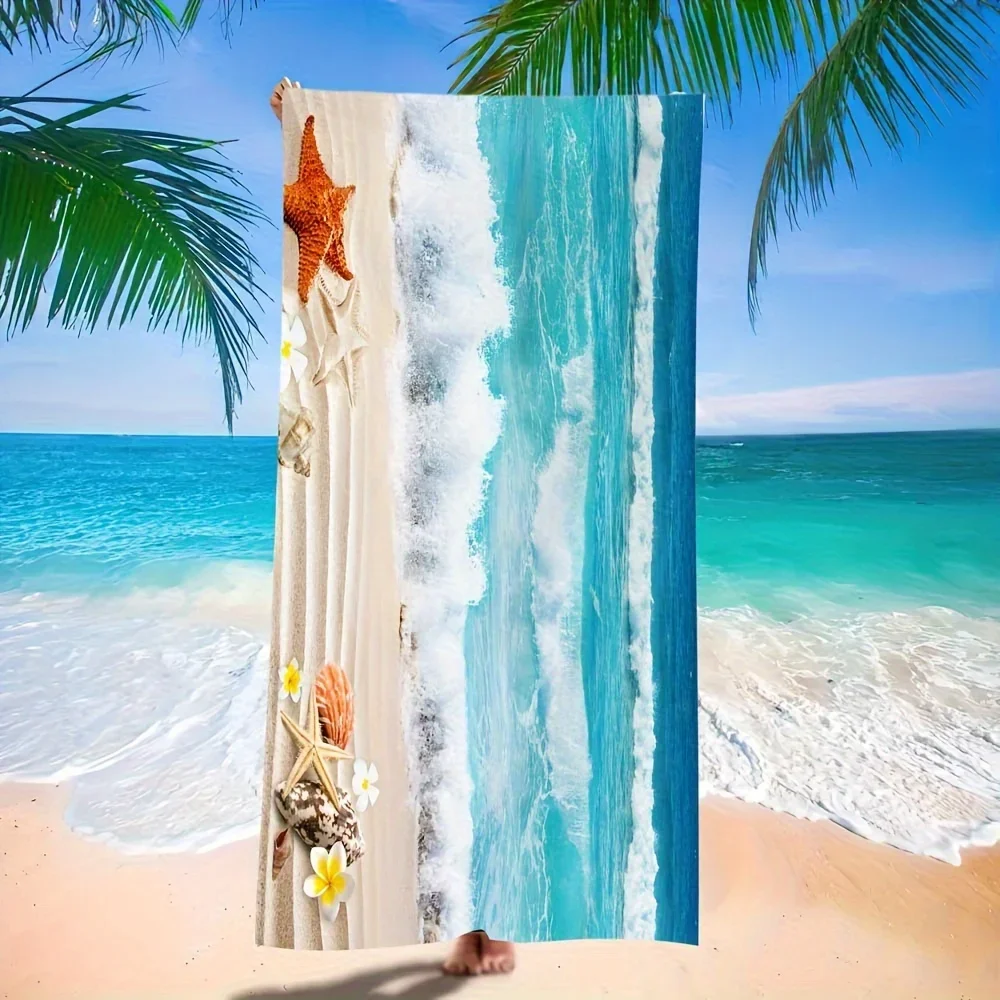 1pc Beach towel with waves and shells pattern sun protection and windproof suitable for beach pool camping travel beach blanket