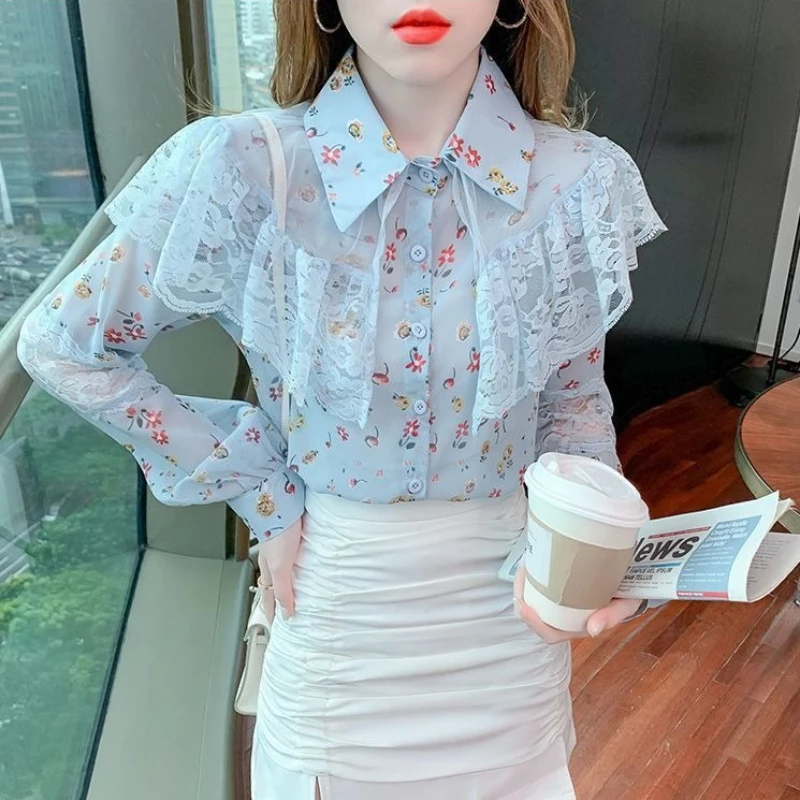 

Женская блузка из шифона с цветочным принтом, свободного кроя, с длинным рукавом, на пуговицах, весна-осень, новая модная коллекция 2026