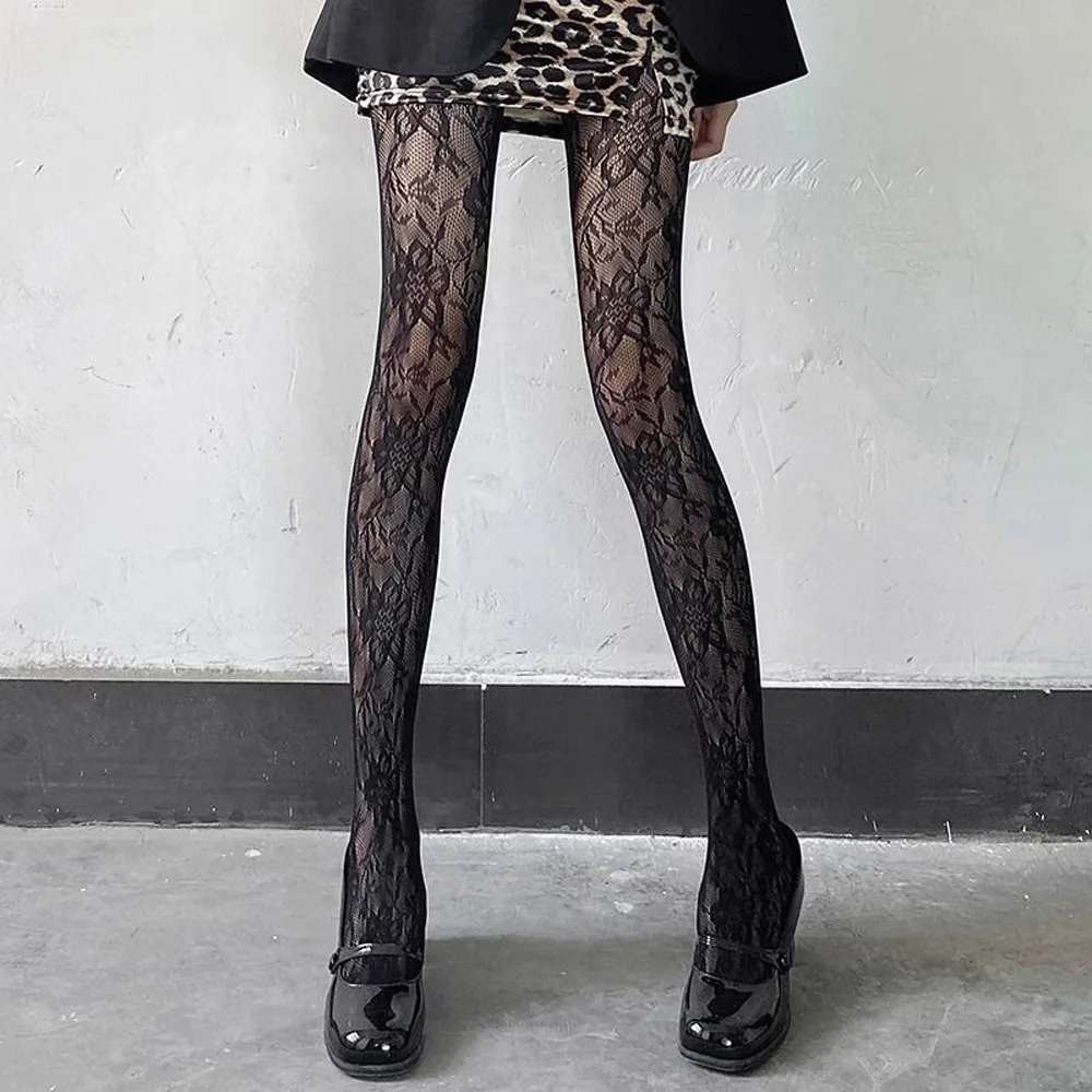 Damen Sexy Retro Blumenmuster Spitzen-Strümpfe Netz-Strümpfe mit Lochmuster Seidenstrümpfe Fischernetz-Spitze Atmungsaktive Strumpfhosen – Detail 5