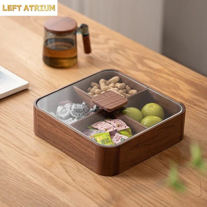 Black Walnut New Chinese Style Fruit Plate with Lid Four Grid Candy Snack Box Home Storage Light Luxury Compartment