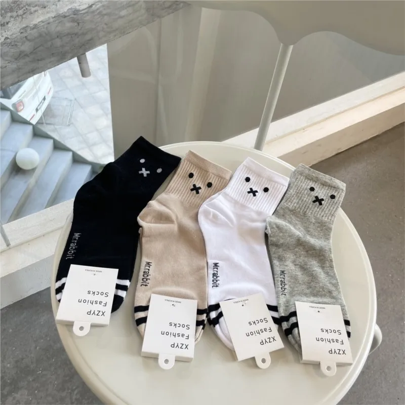 4 Pairs Women's Spring Summer Fashion Socks Solid Color Casual Cotton Sports Simpl Funny Mid-tube Kawaii Tabi Socks Wholesale