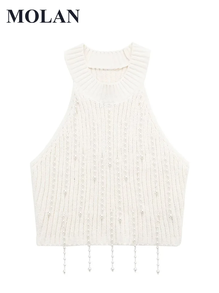 

Women Fringe Pearl Woman Knit Crop New Sleeveless Cropped Vintage Halter Neck Fashion Female Shirts Chic Tops