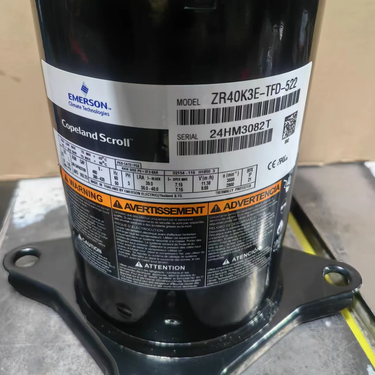 

3,5 спирального охлаждающего компрессора, модель ZR40K3E-TFD-522 3,5 407C, 3 фазы, 50 Гц, 380–420 В, 60 Гц, 460 В