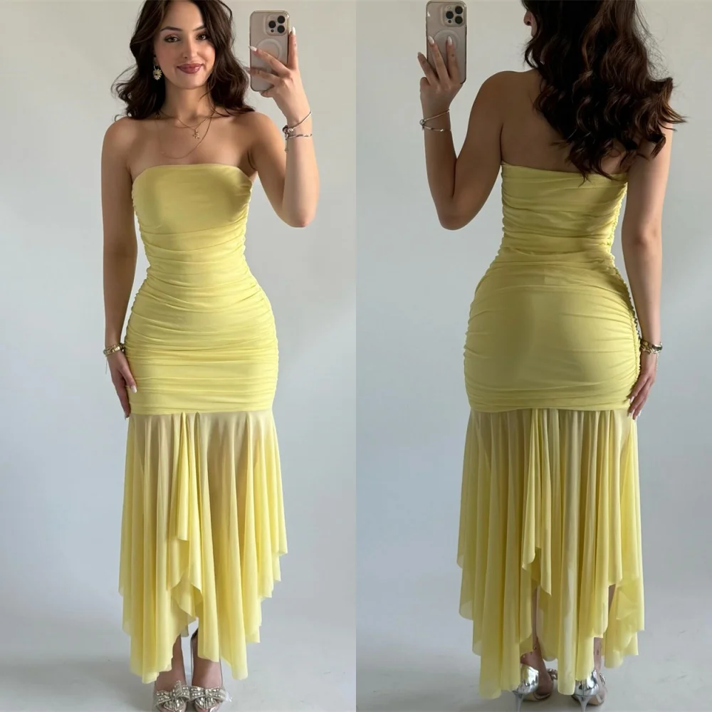 

Customized See Through Yellow Chiffon Evening Dresses Exquisite Strapless Sleeveless Homecoming Dresses Fashion Prom Dress