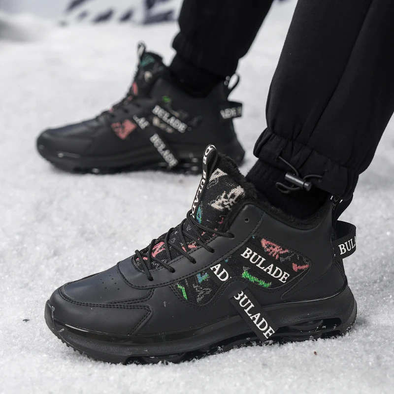 Men Warm Fleece Lined High Top Sneakers Lace Patchwork Cushion Sole Lightweight Fashion Autumn Winter Outdoor Casual Ankle Shoes