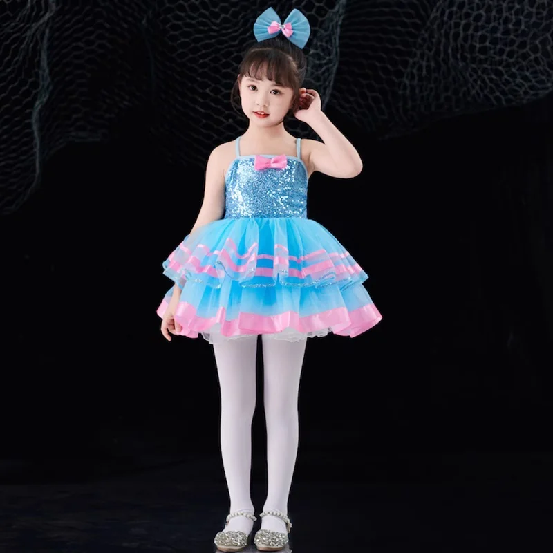 الترتر ملابس رقص الفتيات غنائية المعاصرة حرة الأزرق فستان رقص حديث الفتيات الأطفال مرحلة ارتداء مهرجان الاحتفال