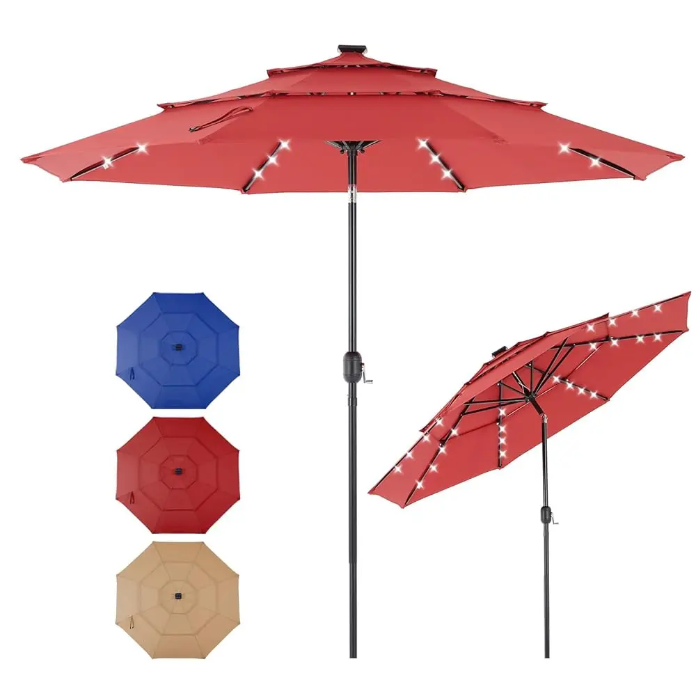 

10Ft 3-Tier Solar Patio Umbrella With 32 Led Lights, Outdoor Umbrellas With Push Button Tilt And Crank, Tilting Table Umbrella