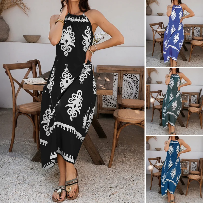 

Casual Vacation Style Contrasting Color Hanging Neck Sleeveless Dress