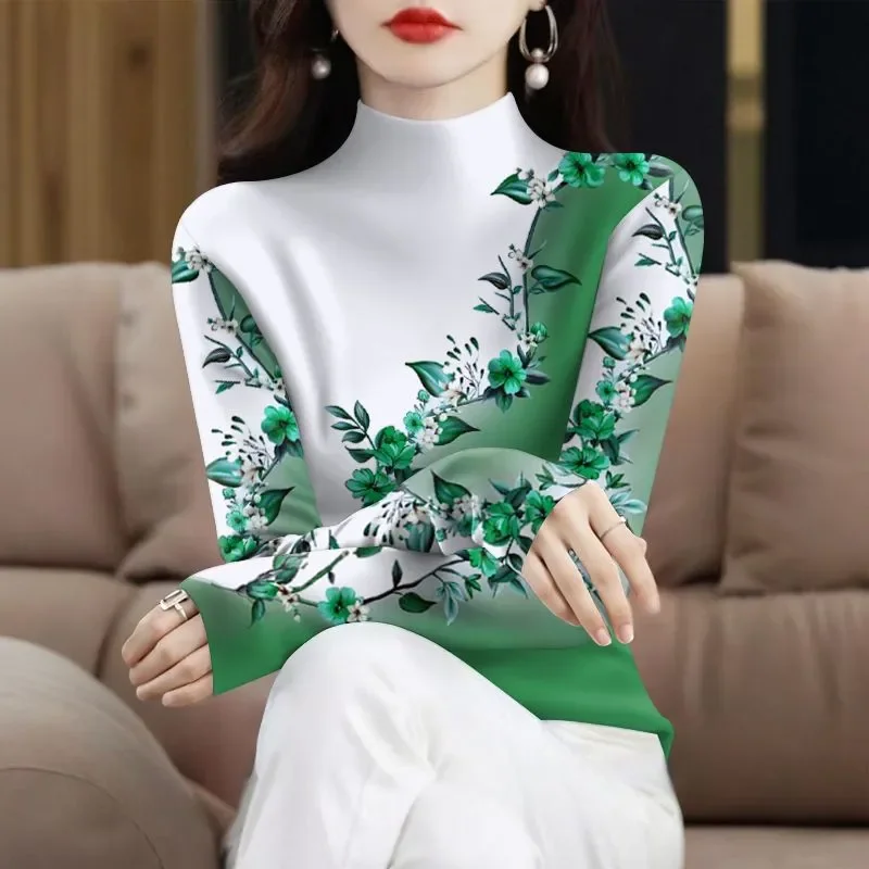 New Spring Autumn Fashion Half-high Collar Long-sleeved T-shirt for Women New Beginning of Autumn to Cover Belly and Style