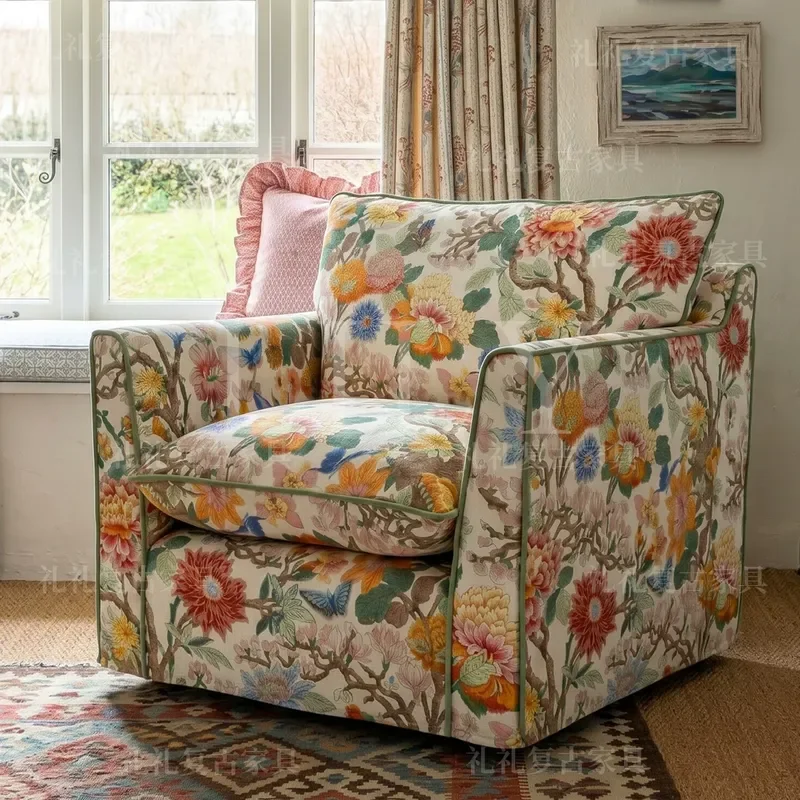 Retro Printed Solid Wood Three Seater Sofa Fabric Couch for Small Apartment Living Room Bedroom Furniture