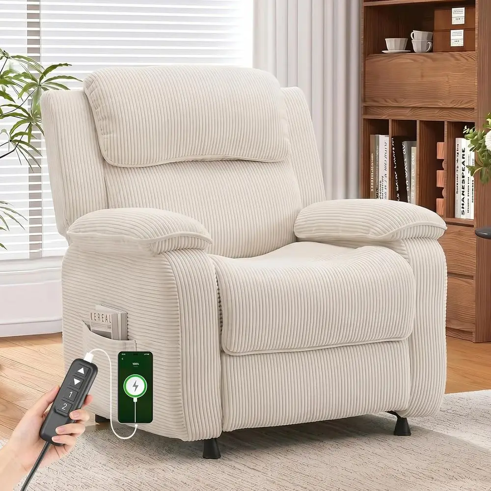 

Oversized USB-Charged Power Recliner Chair with Side Pockets, Heavy-Duty Corduroy, Wide Seat for Adults, Beige