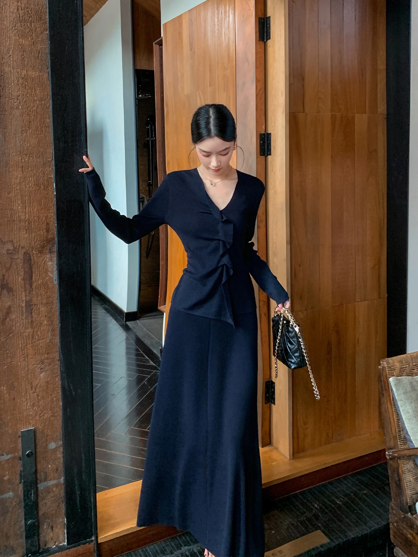 

Binguo Korean Sle Slim Fit Knitted Wool Sweater Women's V-ne Long Sve Faion Spring New Blue Wood ain