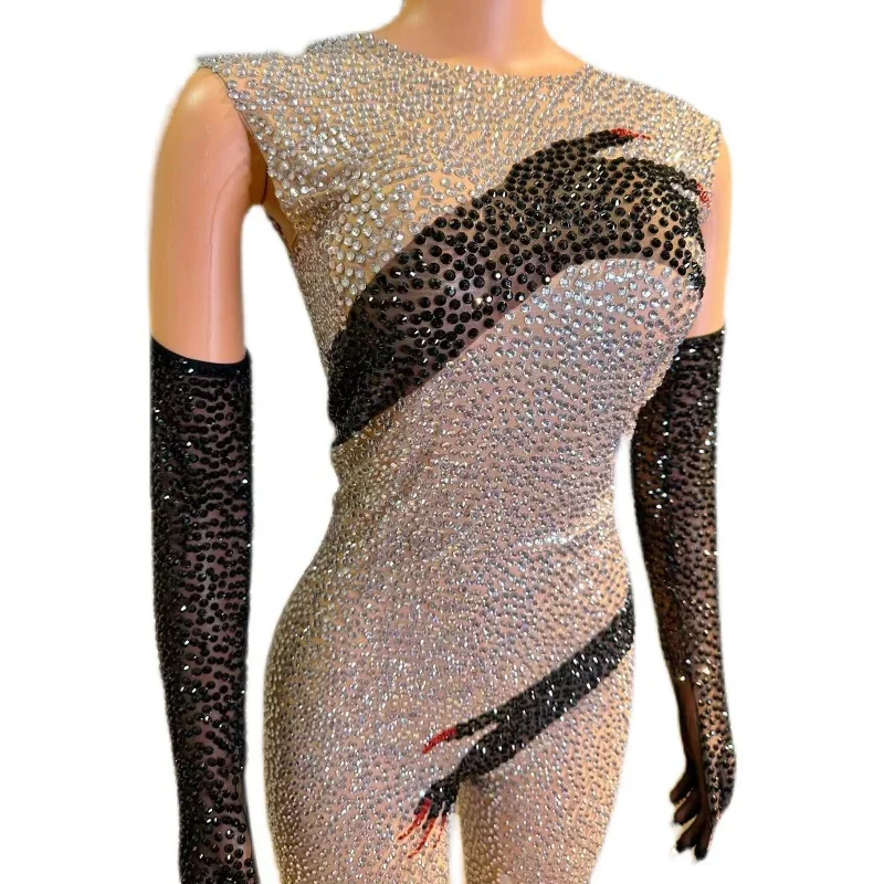 Sexy Pole Dance Outfit Nero Argento Strass Tuta Guanti Donna Dj Ds Party Gogo Abbigliamento Drag Queen Costume XS6638