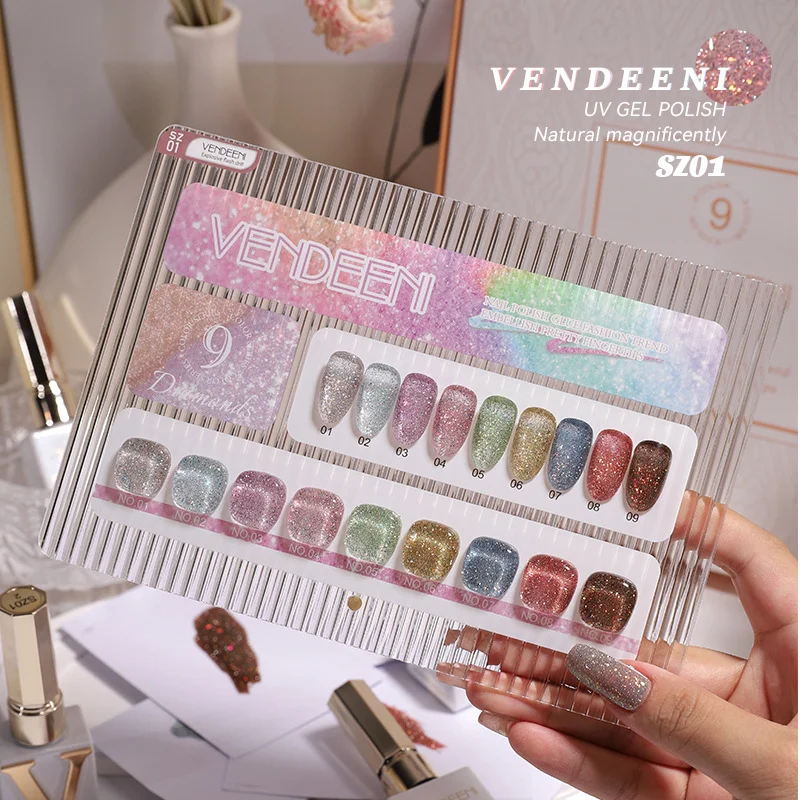 Vendeeni  Super Popular 9colors Reflective Disco Gel Polish Collection Unique Laser Set TPO HEMA FREE  Gel Nail Polish Supplier