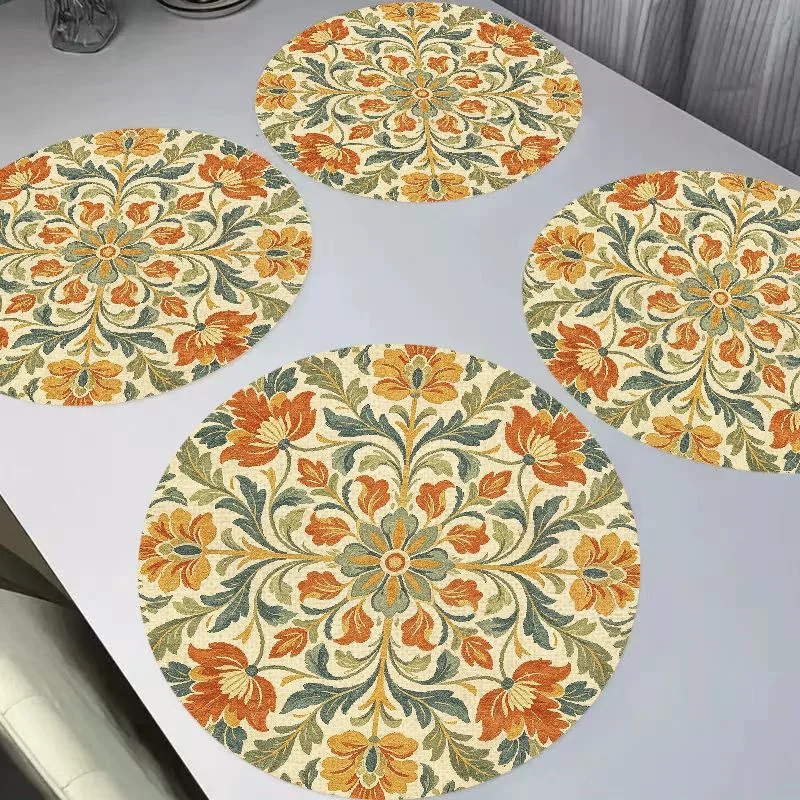 VIKAMA American Retro Mandala Wrapped Flowers Round Linen Placemats, Heat Resistant for Dining Table Home Decor