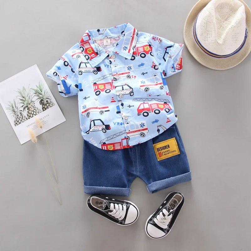 2PCS Baby Set Children's Summer Fashion Random Print Car Pattern Shirt Short Sleeve Shorts Set