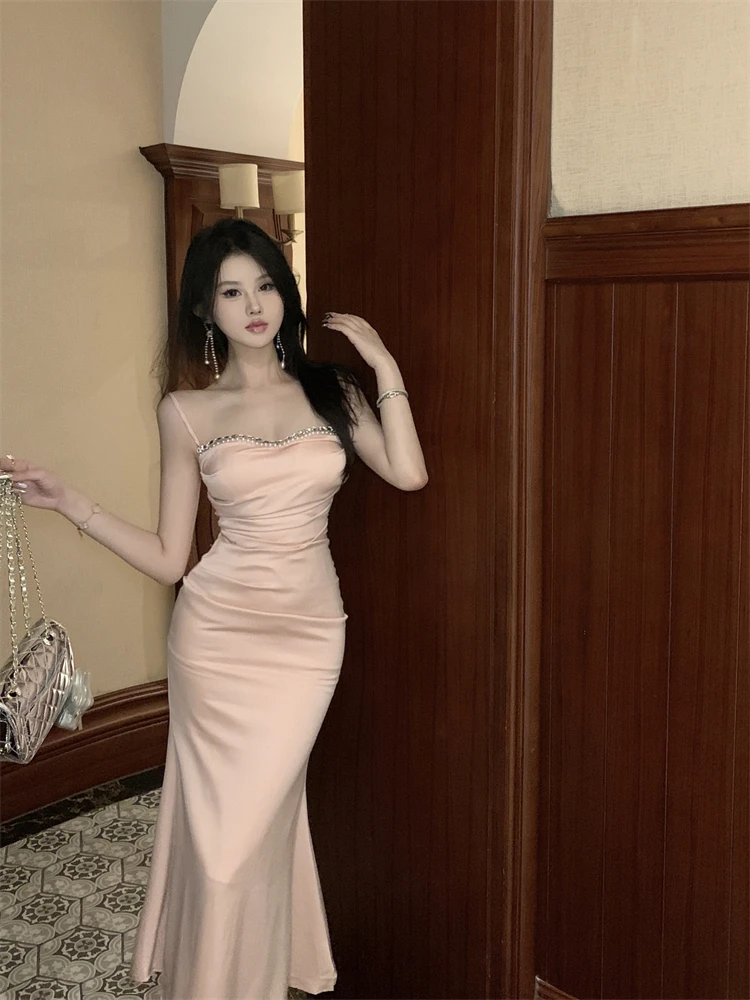 Sukienka Ele Heavy-Detail Drill Chain Strap Slimming Bodycon Fi Tail Dr Summer Trendy Mid-Length A-Line Gown bez ramiączek