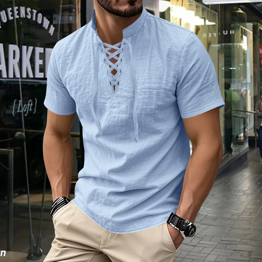 Casual Henry Shirt Beach Short Sleeve Men's T-Shirt Solid Color Simple Stand-Up Collar Men's Shirt