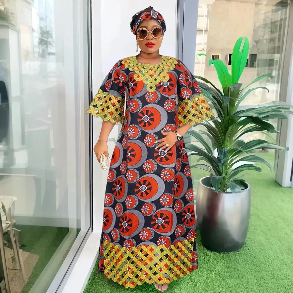 

African Clothes for Women 2024 Plus Size African Dashiki Ankara Bazin Riche Design Wax Wedding Party Dresses with headscarf