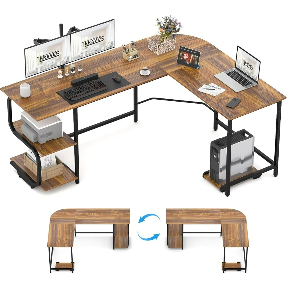 L Shaped Desk with Large Surface, 61 Inch Sturdy Corner Desk with Storage Shelves, Premium Office Computer Desk Workstation