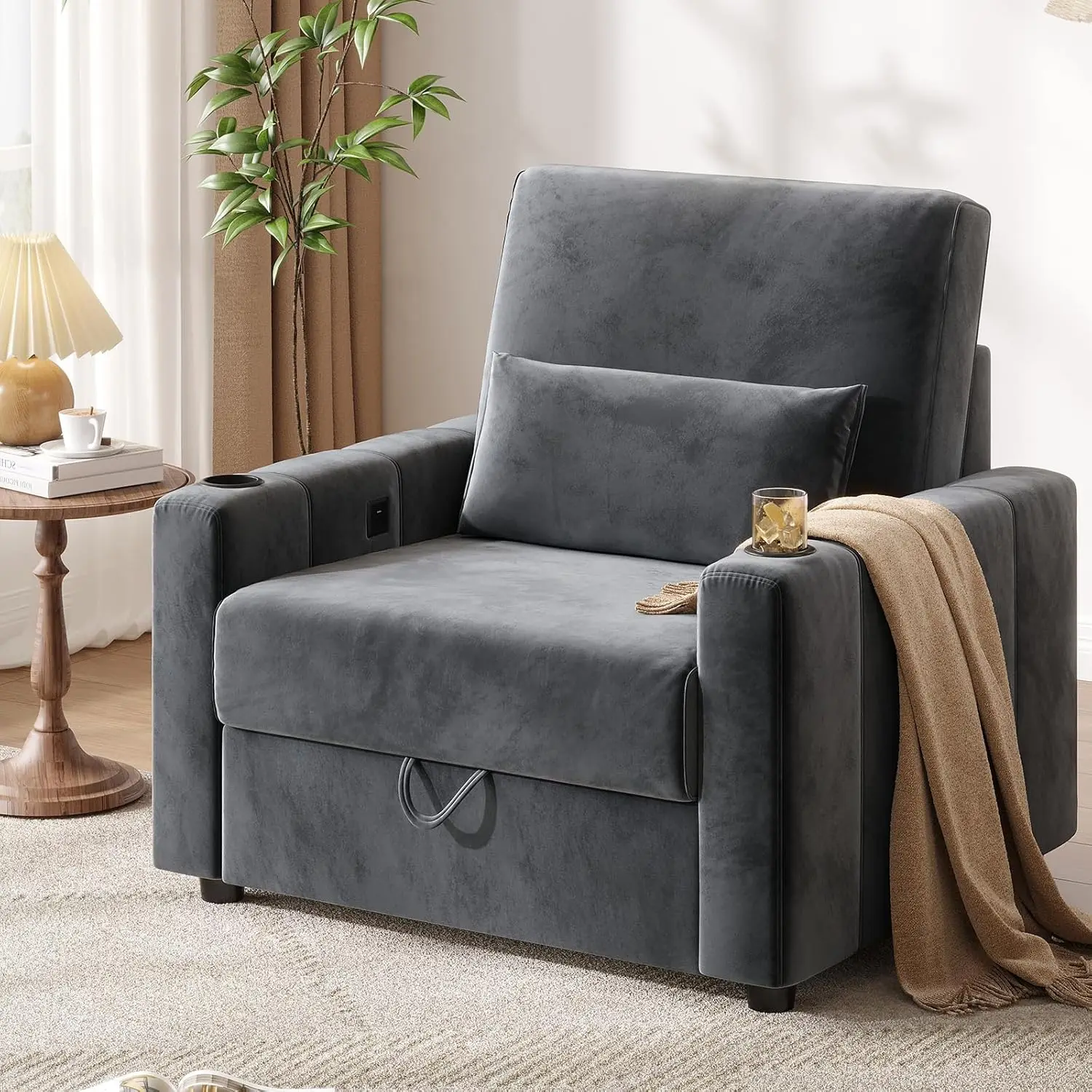 

39-дюймовый бархатный стул, универсальный одиночный диван большого размера с портами для зарядки, подстаканники, простая установка, современные стулья Sid