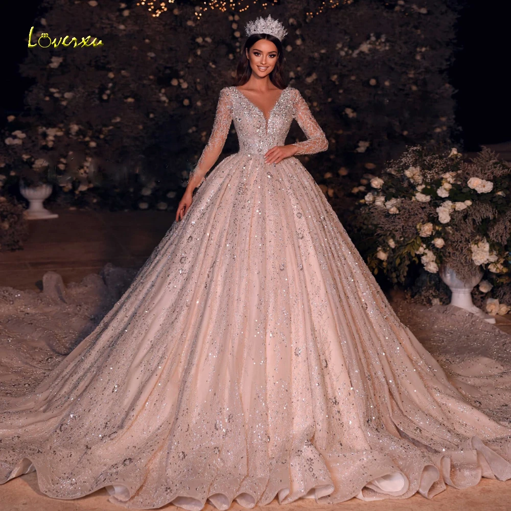 Loverxu Ball Gown Royal Wedding Dresses Scalloped Long Sleeve Vestido De Novia Lace Beaded Chapel Train Custom Made Bridal Gown