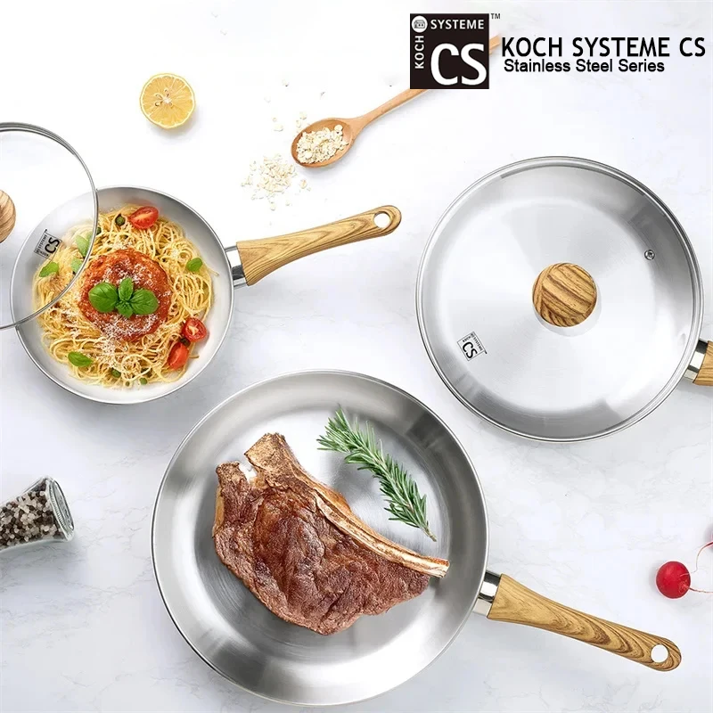 

KOCH SYSTEME CS 1/3pcs Stainless Steel Frying Pan with Heat-resistant Handle Home Fried Steak Pan with Glass Lid Kitchenware