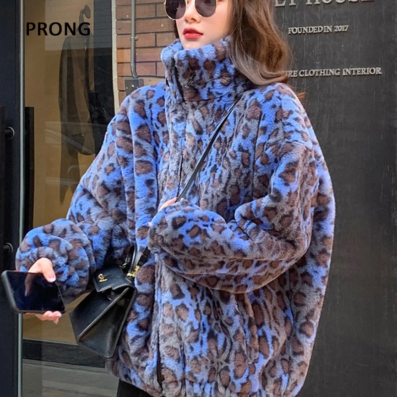 Winter Loose Leopard Print Faux Fur Coat Women Long Sleeve Zip Up Warm Soft Fluffy Jacket Thick Warm Streetwear Outerwear