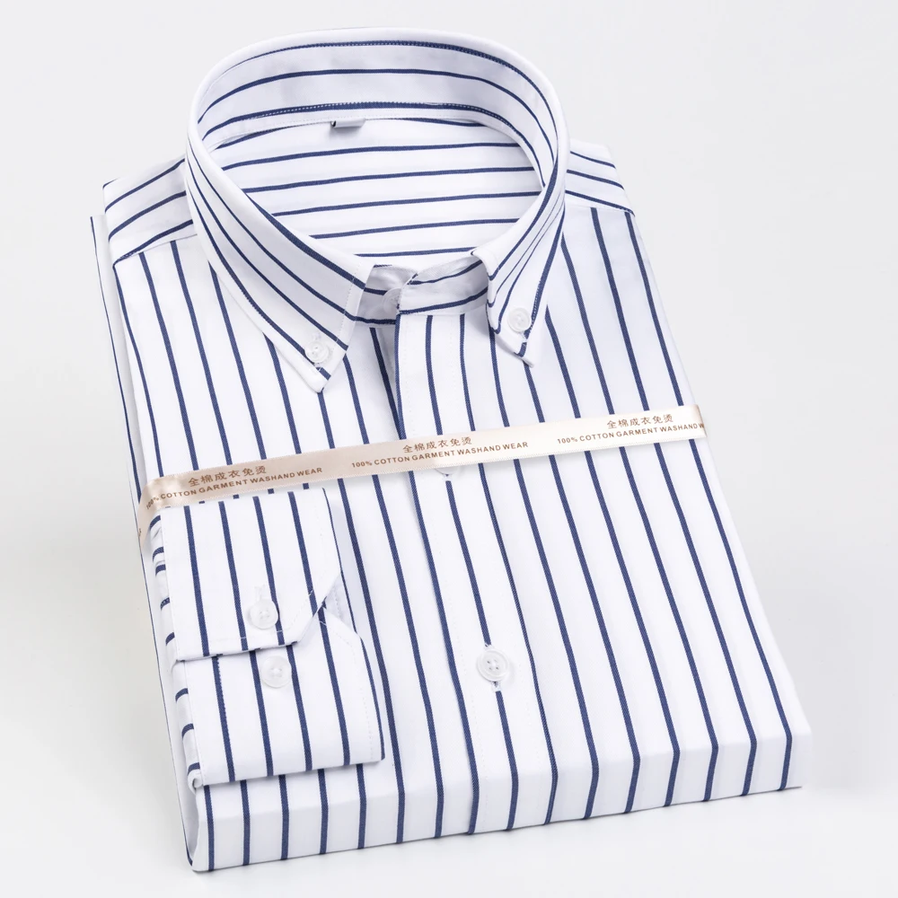 قمصان رجالية منقوشة مخططة غير حديدية بأزرار سفلية قميص قطني بكم طويل للأعمال خالية من التجاعيد قمصان عادية تناسب القماش القطني