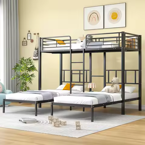 Triple bed, triple bunk bed with ladder for children and teenagers, iron bed with safety rail and table, black 90x200cm*3