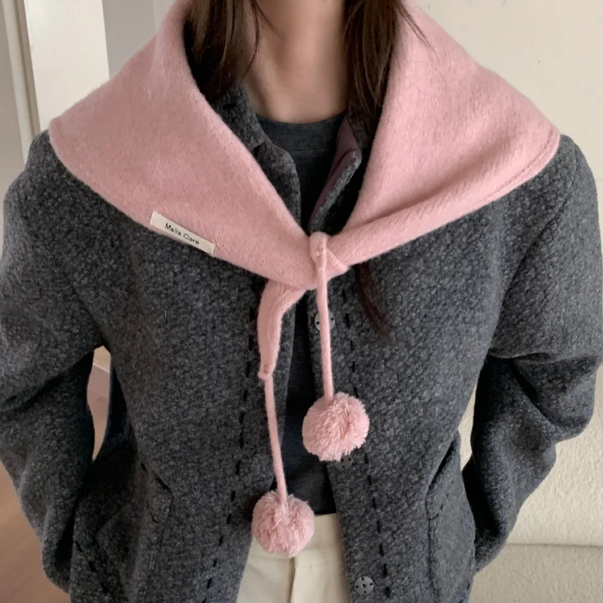 2025 New Autumn and Winter High-Grade Hat Scarf Red Knitted Shawl Women's Warm Ball Scarf Triangular Binder Solid Scarf