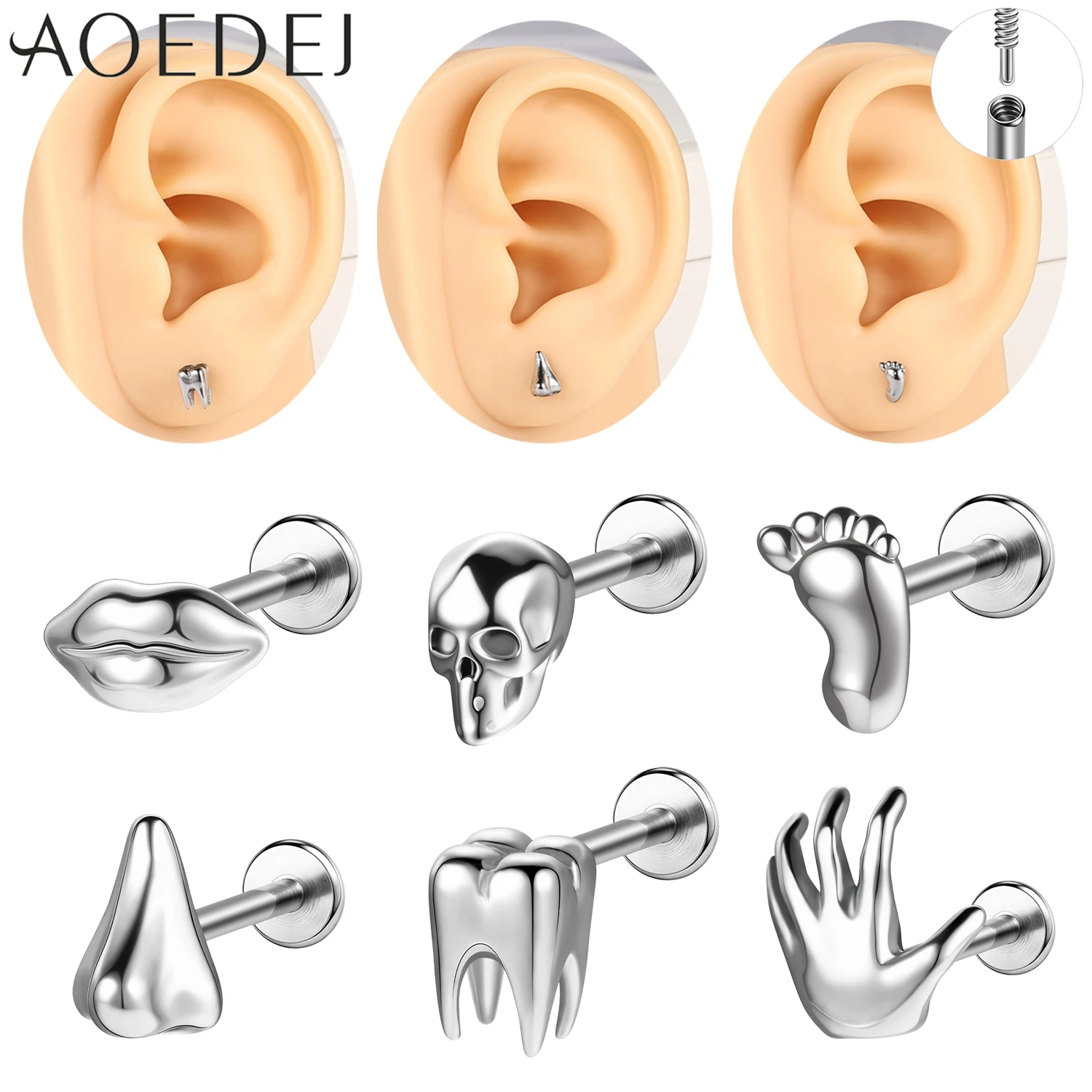

AOEDEJ 1 Piece Long Internal Thread Stainless Steel Lip Stud Punk Skull Shape Labret Piercing Helix Cartilage Piercings Jewelry