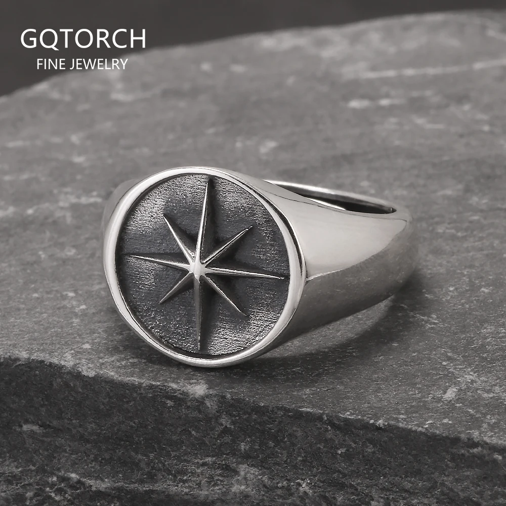 

925 Sterling Silver North Star Signet Ring for Men Eight Point Star Pinky Ring Adjustable Punk Retro Antiqued Biker Jewelry
