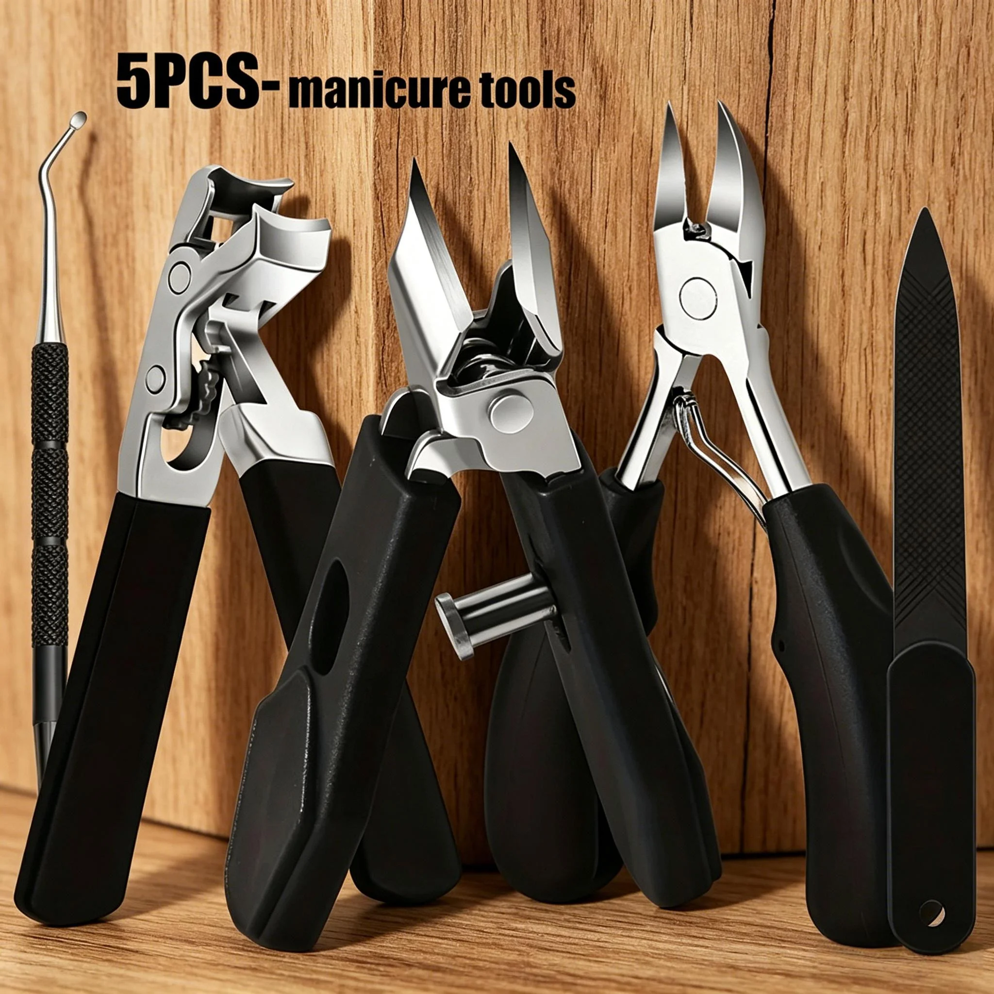 Stainless Steel Toenail Clippers Set with Ergonomic Handle,Includes Wide Mouth Angled Scissors,Nail File Cuticle Tool