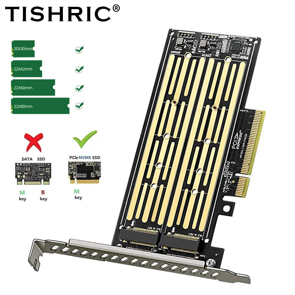 TISHRIC Dual Bay Adapter Card M .2 NVME to PCIE PCIE 8X To 2 Port NVME SSD Support 2 Hard Disks M.2 NVME Protocol