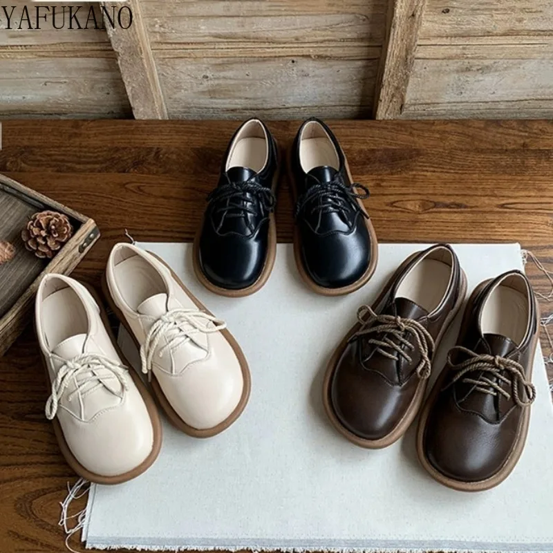 Student Round Toe Lace-up Small Leather Shoes Handmade Soft Sole Comfort Casual Single Shoes Academy Style Mori Girl Flat Shoes