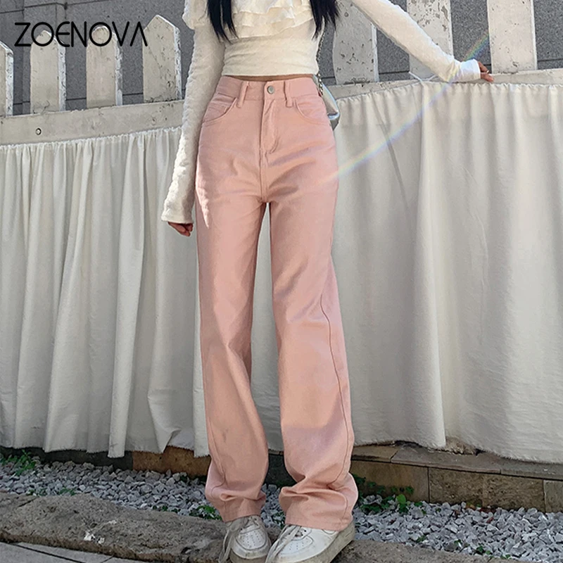 

ZOENOVA 2024 Spring Summer Simple Fashion Women's Jeans Soft Loose Denim Casual Small Straight High Quality Pink Ladies Trousers